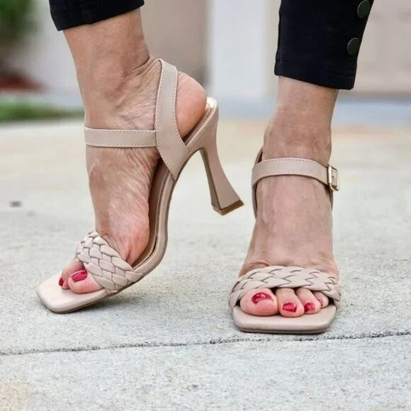 Elegant Nude Square Open Toe Sandals Women’s Braided Ankle Strap - Picture 4 of 5